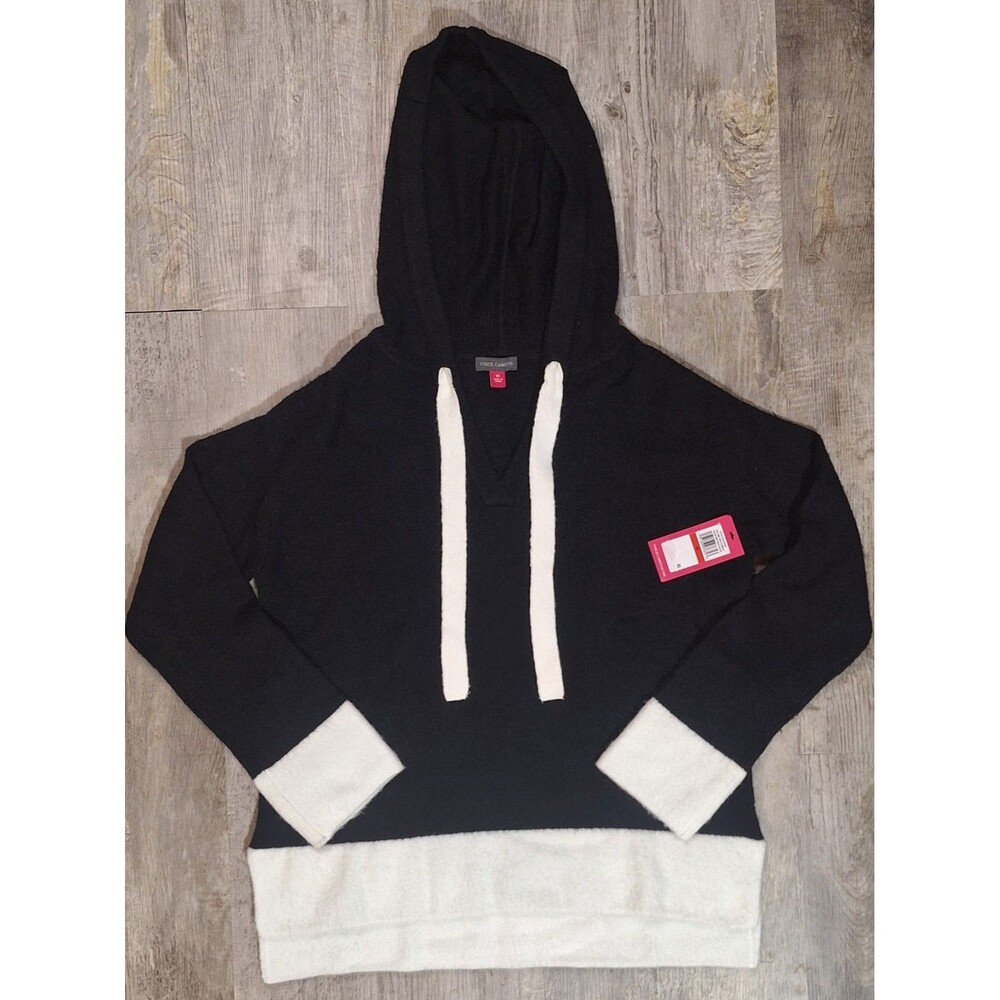 Vince Camuto Women XS Colorblock Hoodie Sweater Black White Soft Knit Pullover